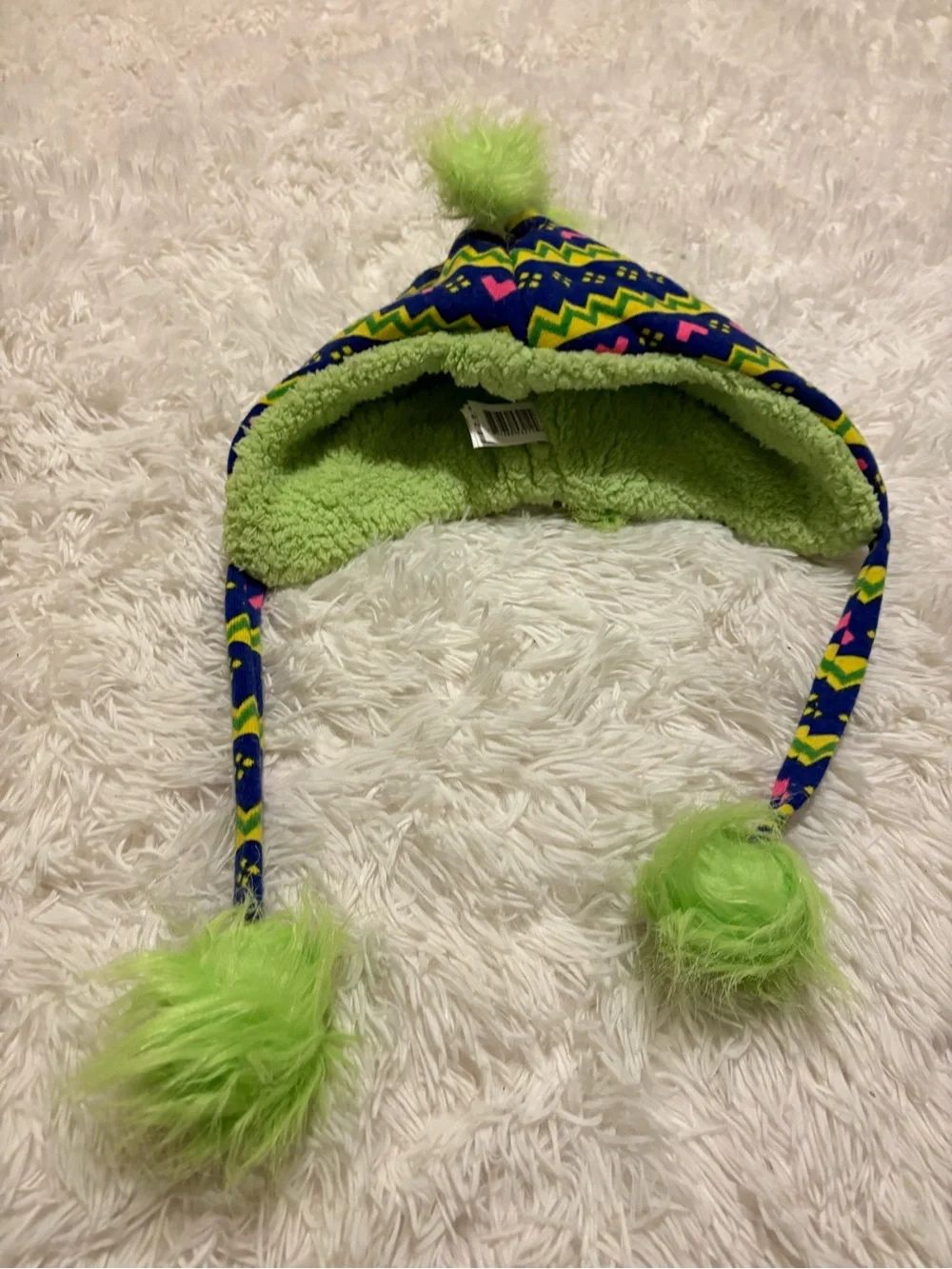 Neon Green Patterned Faux-Fur Earflap Hat